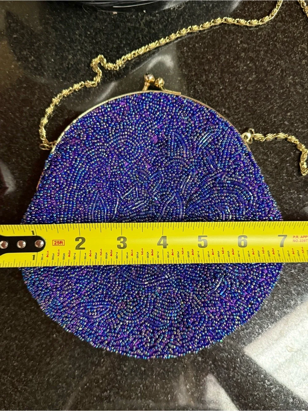 Vintage 80s Beaded Round Evening Clutch - Iridescent Blueish Purple approx 7”